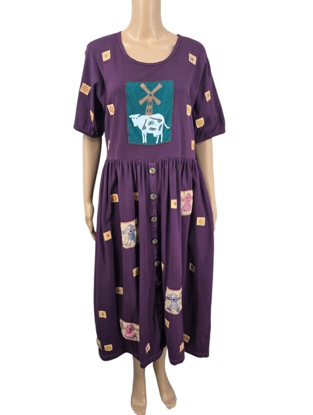 Vintage Purple Patchwork Button-Front Dress Cow Print Scarecrow Fall